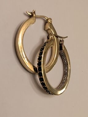 Gold Tone Sterling Silver Hoop Earrings with Green and Clear Stone Accents